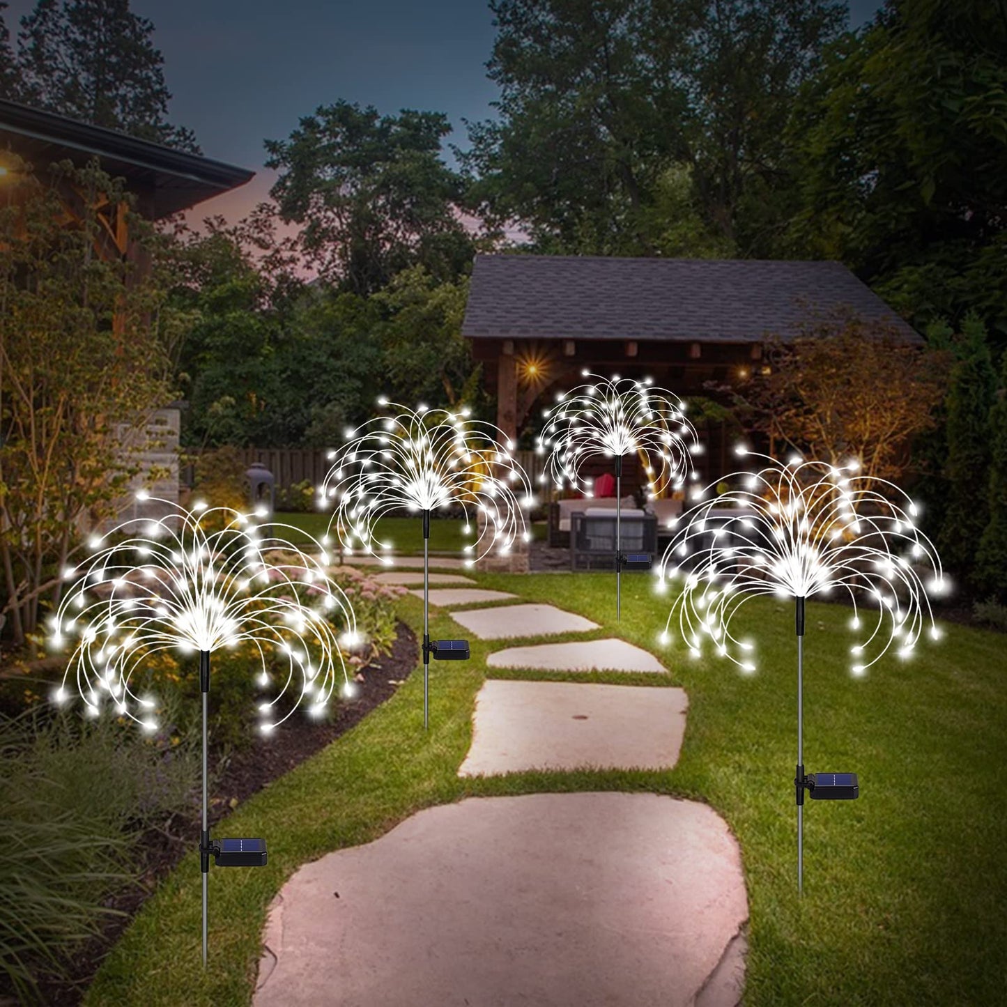 Solar Firework Lights - 4 Pack 120 Led Decorative Starburst Lights  12 Hrs Working Time  For Garden Pathway  Courtyards  Wedding & Christmas Decor (Cool White)