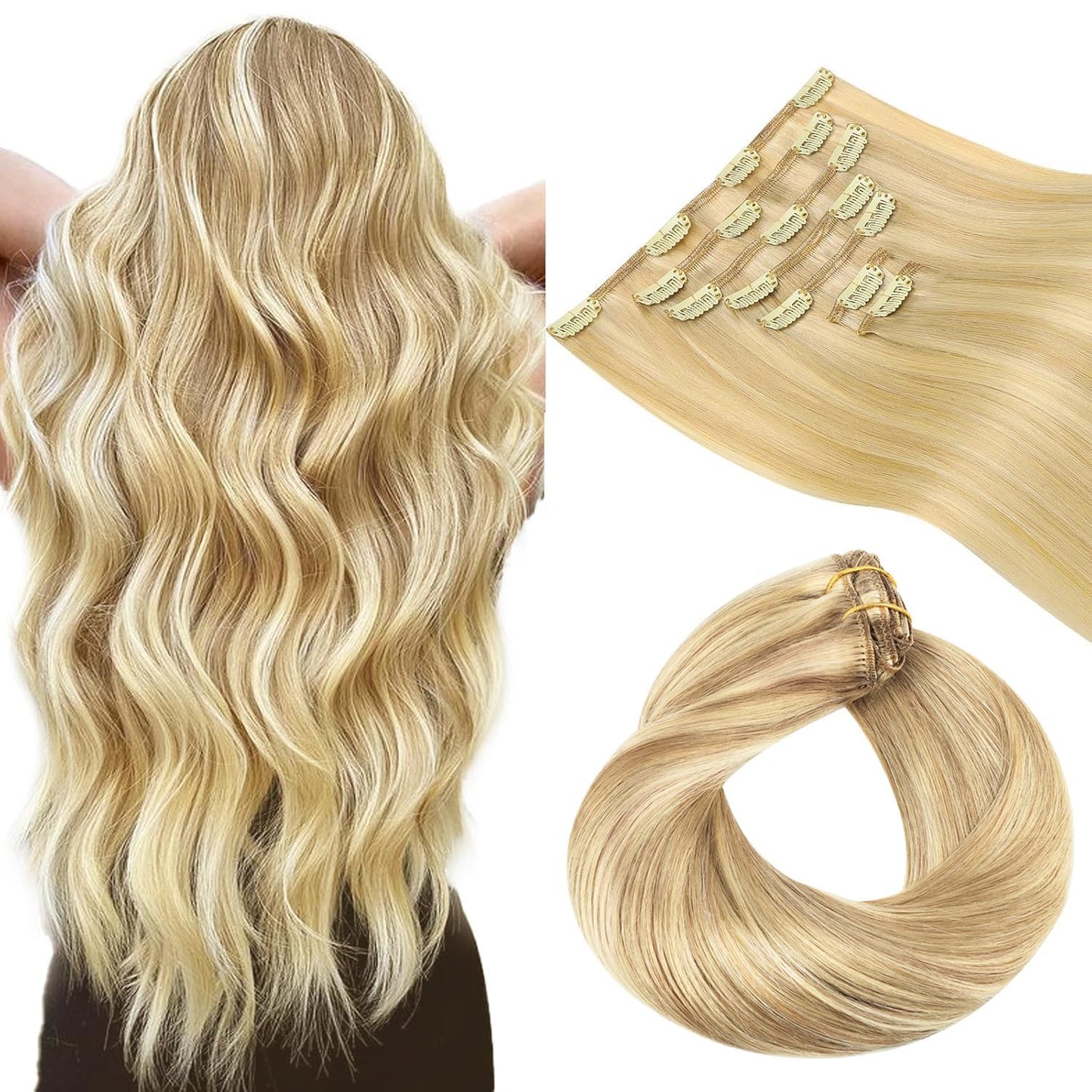 HOTBANANA Clip in Hair Extensions Real Human Hair 140g 9pcs 22 inch Light Blonde Highlighted Golden Blonde Clip in Human Hair Ex