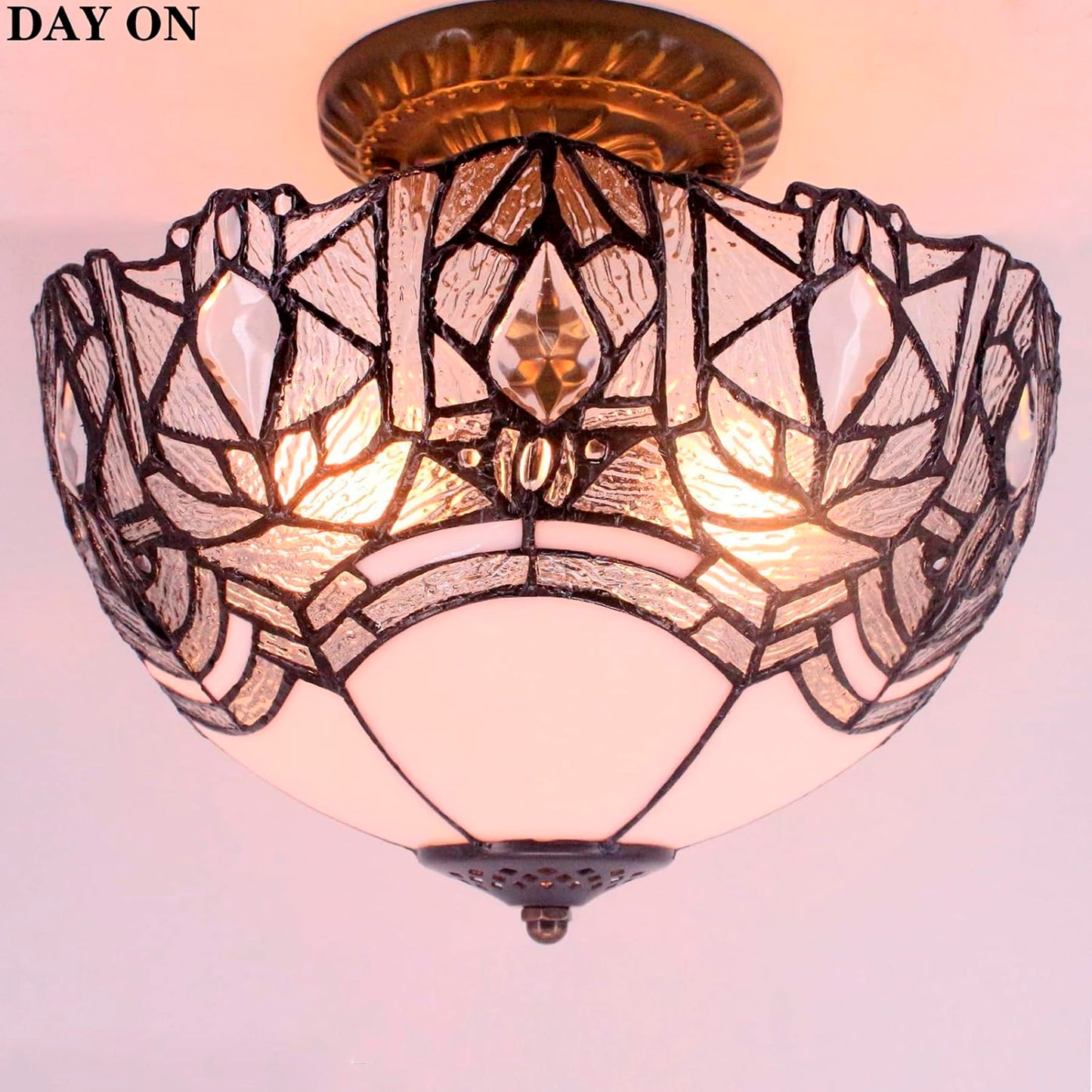 Werfactory Tiffany Ceiling Light Fixture, Crystal Bead, 12X11 Inch, White Stained Glass, Semi Flush Mount, S508W Series