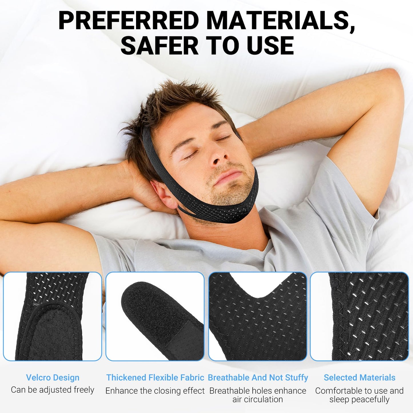 OHELEEP Anti Snore Chin Strap for CPAP Users, Snore Stopper Adjustable, Chin Strap for Sleeping Comfortable Stop Snoring Solution, Anti Snoring Devices Breathable and Reusable, Black, M