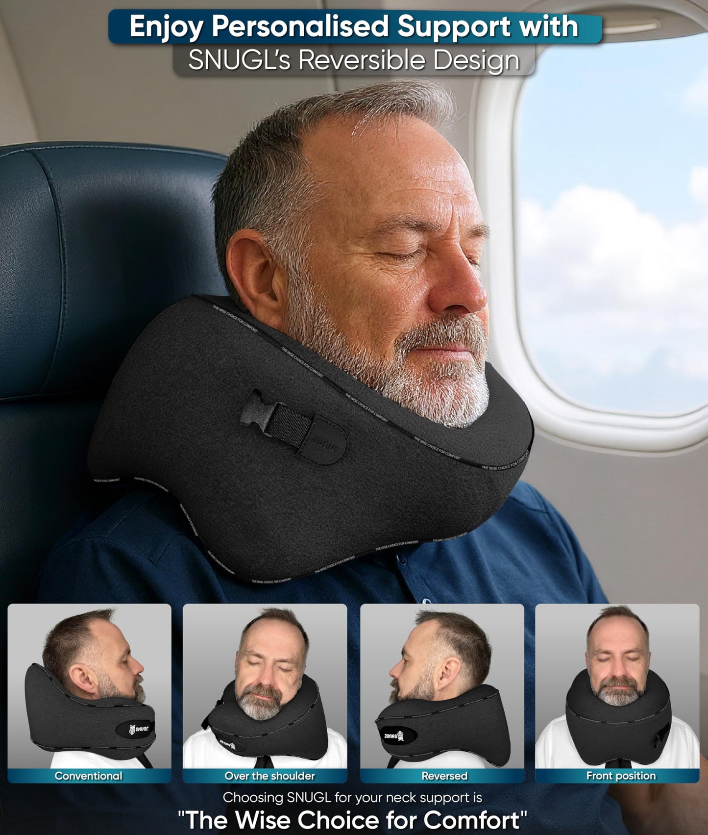 SNUGL Travel Pillow – Memory Foam Pillows - Airplane Neck Pillow with Carry Bag & Clip – Neck Support Travel Pillows - Airplane Essentials (Adult Regular - Black)
