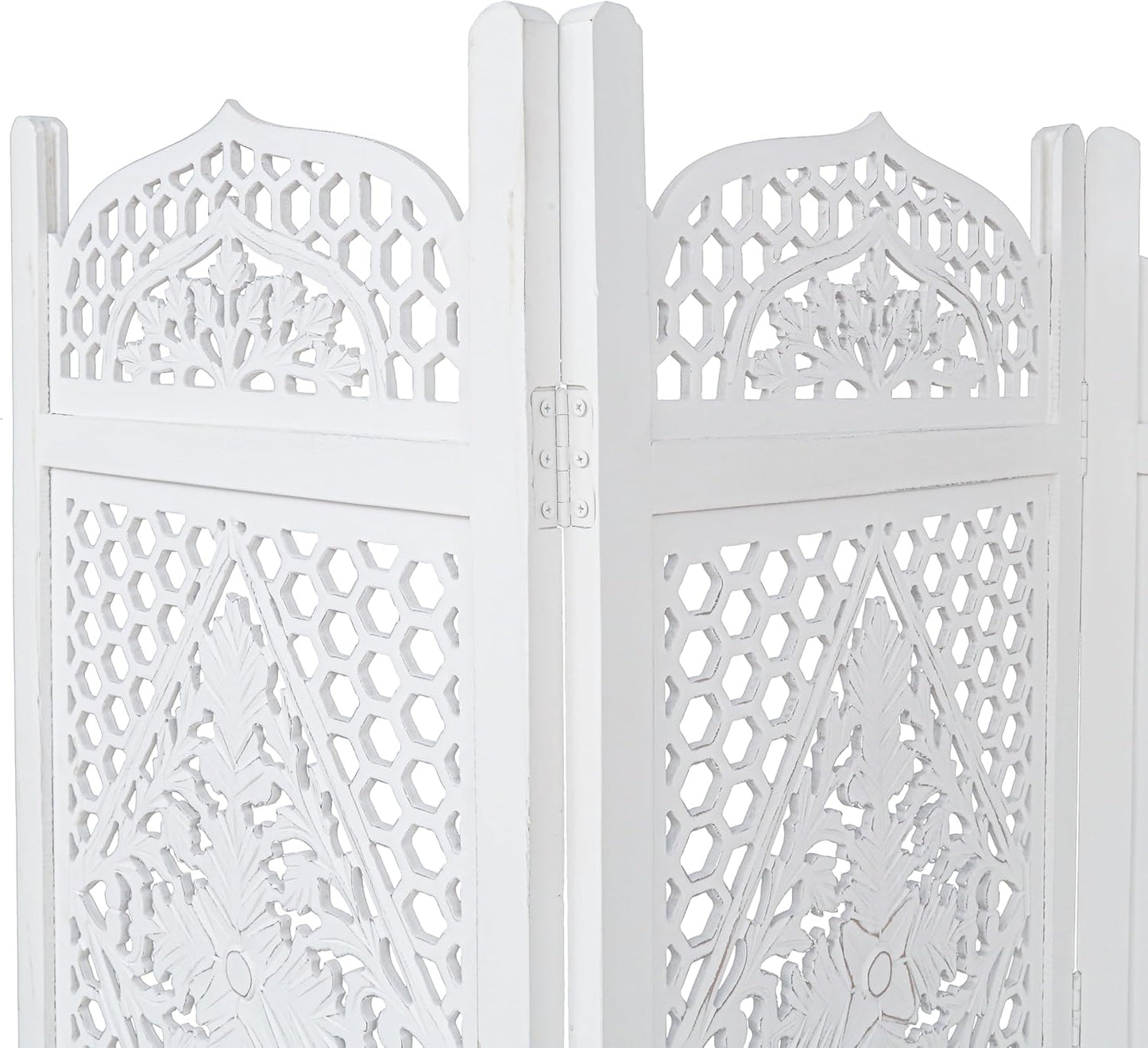 Room Divider Wood Screen Panel – Antique White, 4-Panel Folding 80"x72", Hand-Carved, Reversible Privacy Partition, Decorative & Functional Portable Room Divider for Home or Office
