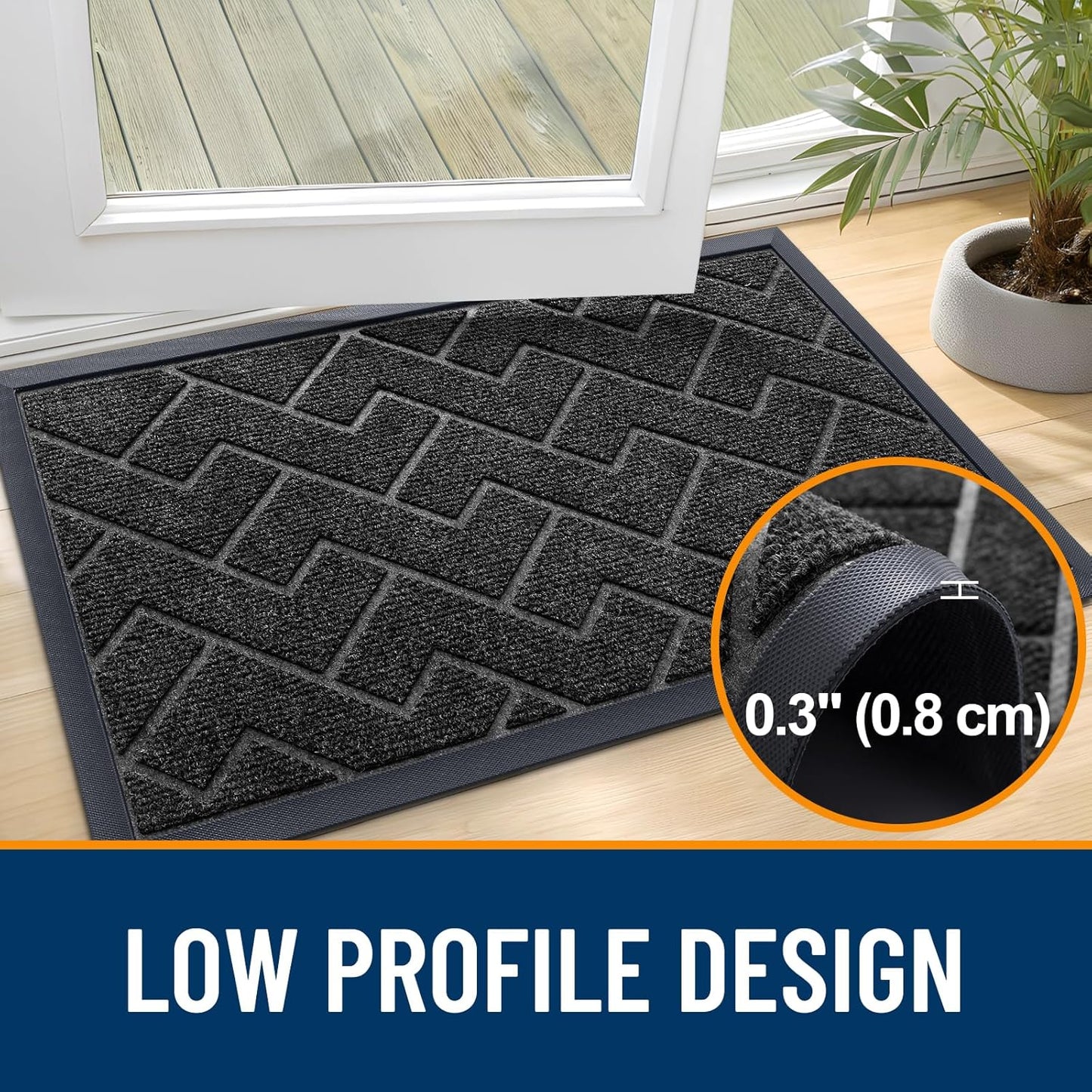 OLANLY Front Door Mat Indoor Outdoor Entrance, Waterproof All-Season, All-Weather Doormat, Sturdy Natural Rubber, Low Profile, Easy Clean Patio Porch Entryway Mat, Herringbone Brick (Black, 47x17)
