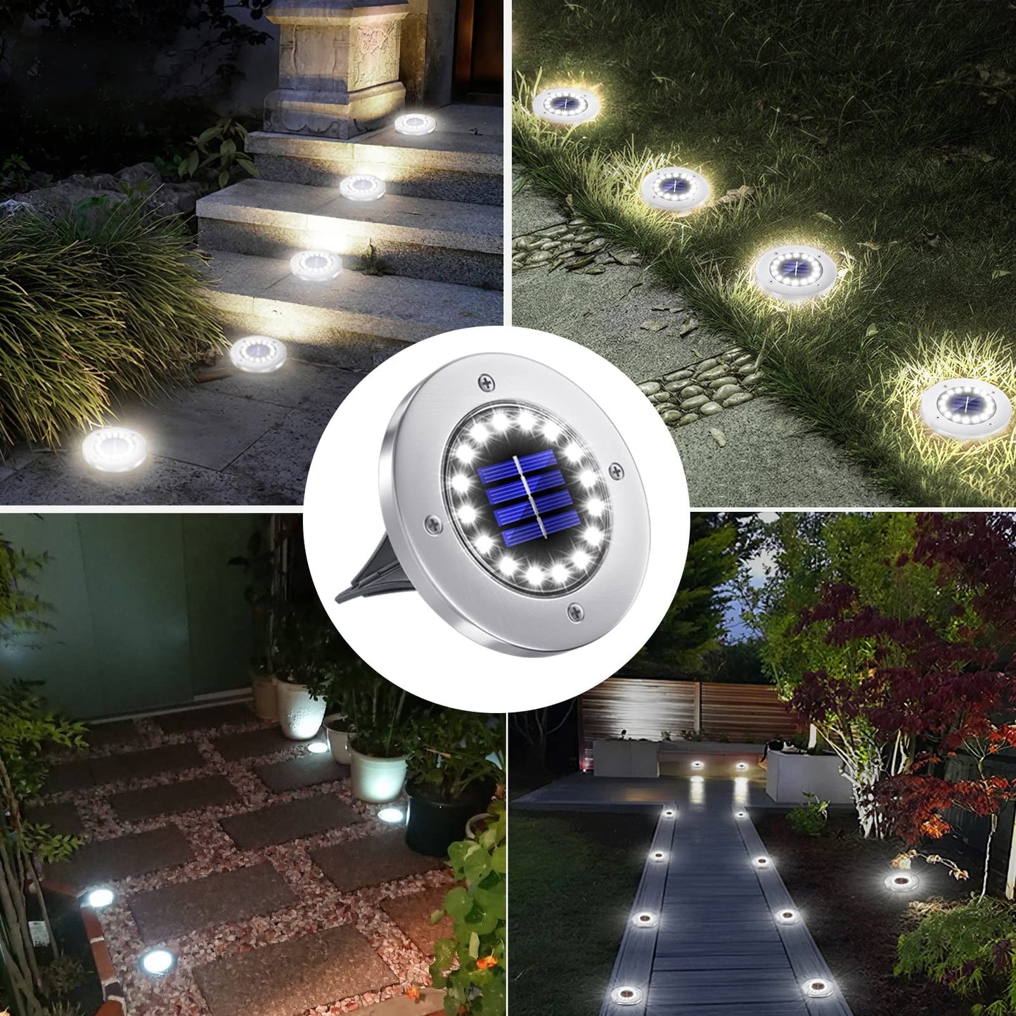 Nfesolar Solar Ground Lights - 16 Led Waterproof Disk Lights, 8 Pack, White For Pathway, Garden, Yard, Lawn, Driveway