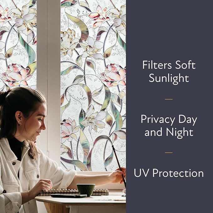 Artscape Begonia | Privacy Window Film with Vibrant Colored Pattern | Non-Adhesive & UV Protection | Easy to Apply & Removable | 24 x 36 Inches | Made in USA