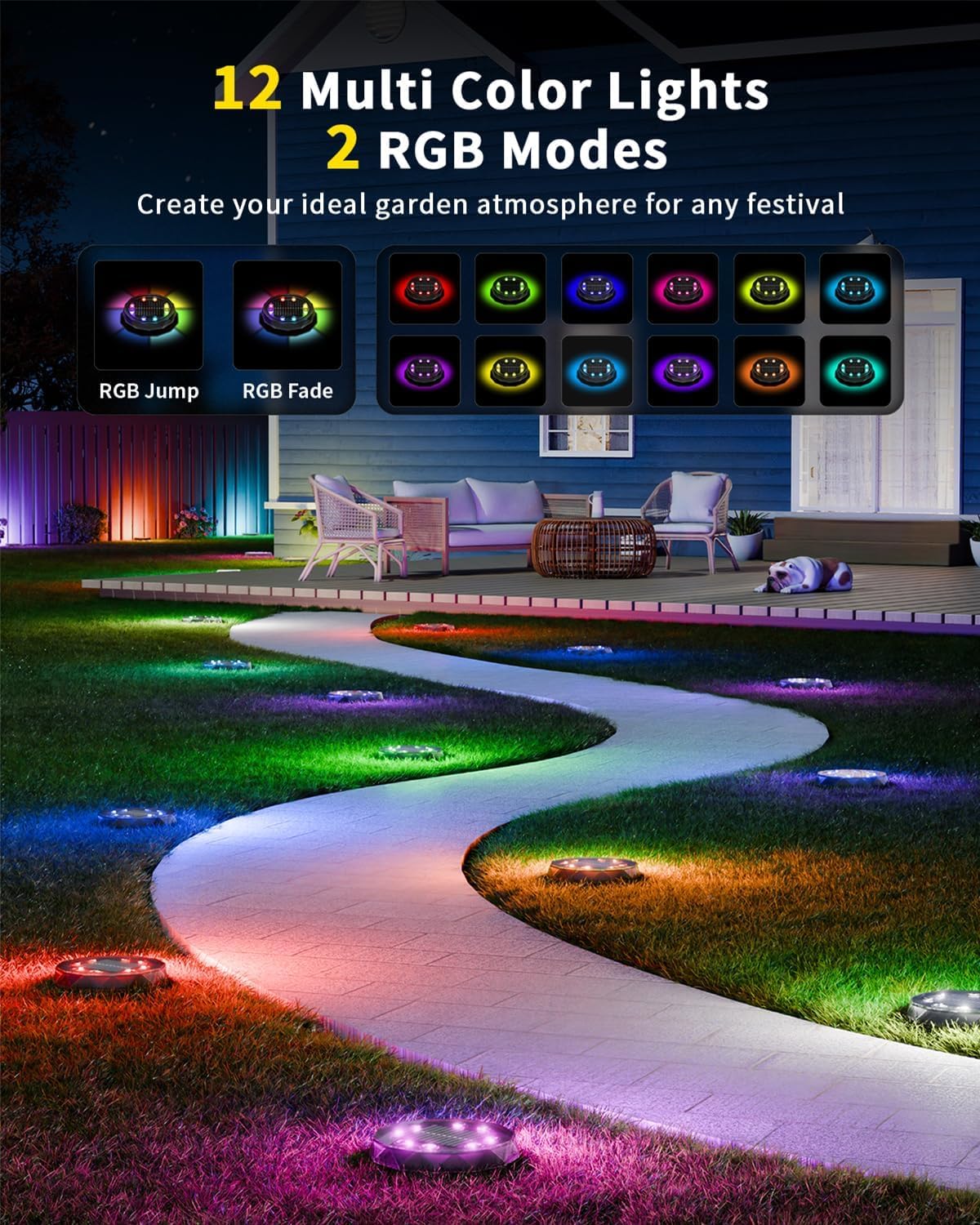 Hicotet Solar Ground Lights, 15 Multi Color, 50ft Remote Control, IP67 Waterproof, 18 Pack, Black, Model LNM-CPD-01