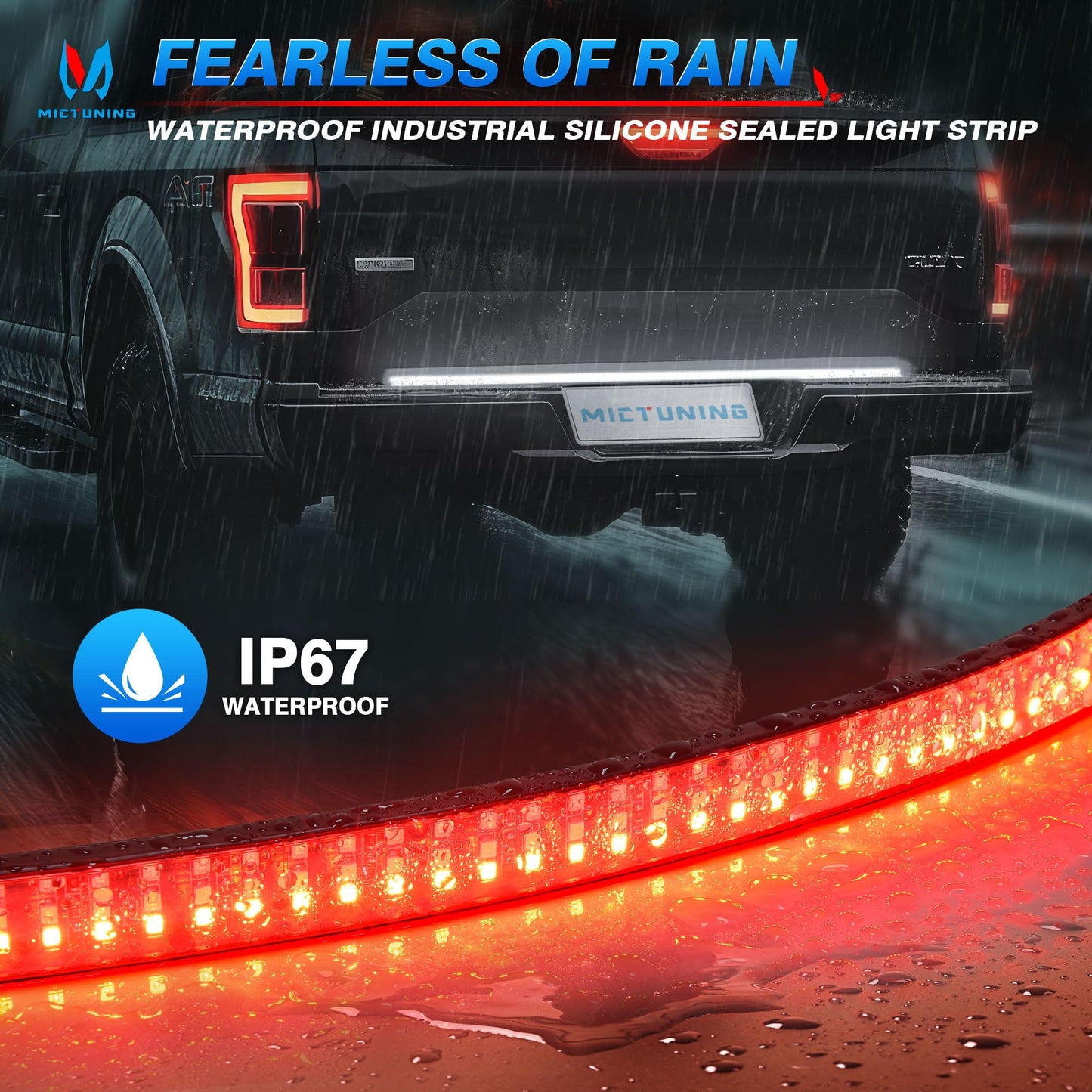 Mictuning Truck Tailgate Light Strip 48 Inch Triple Row 360 Led Ip67 Waterproof With Red Running Brake Sequential Turn Signal  Strobe & White Reverse Lighting
