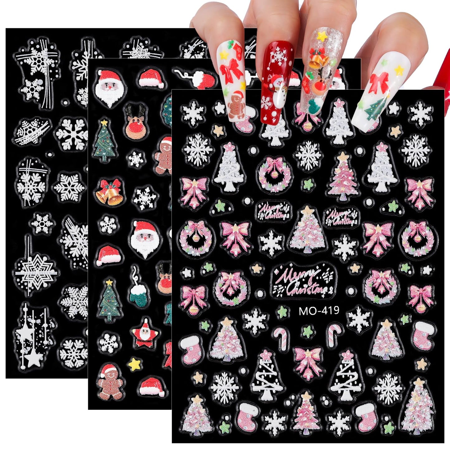 Christmas Nail Art Stickers 3 Sheets 5D Embossed Self Adhesive Nail Decals Snowflake Santa Claus Christmas Tree Elk Reindeer Bow