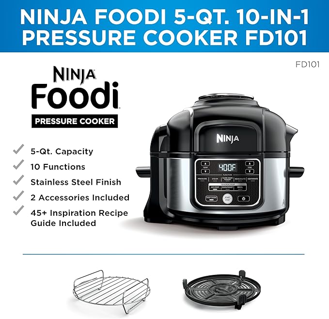 Ninja Foodi 10-in-1 Pressure Cooker & Air Fryer, 5 Quart - Stainless Steel Multi-Cooker with Precise Heating - Perfect Holiday Gift & Healthy Fast Cooking (FD 101)