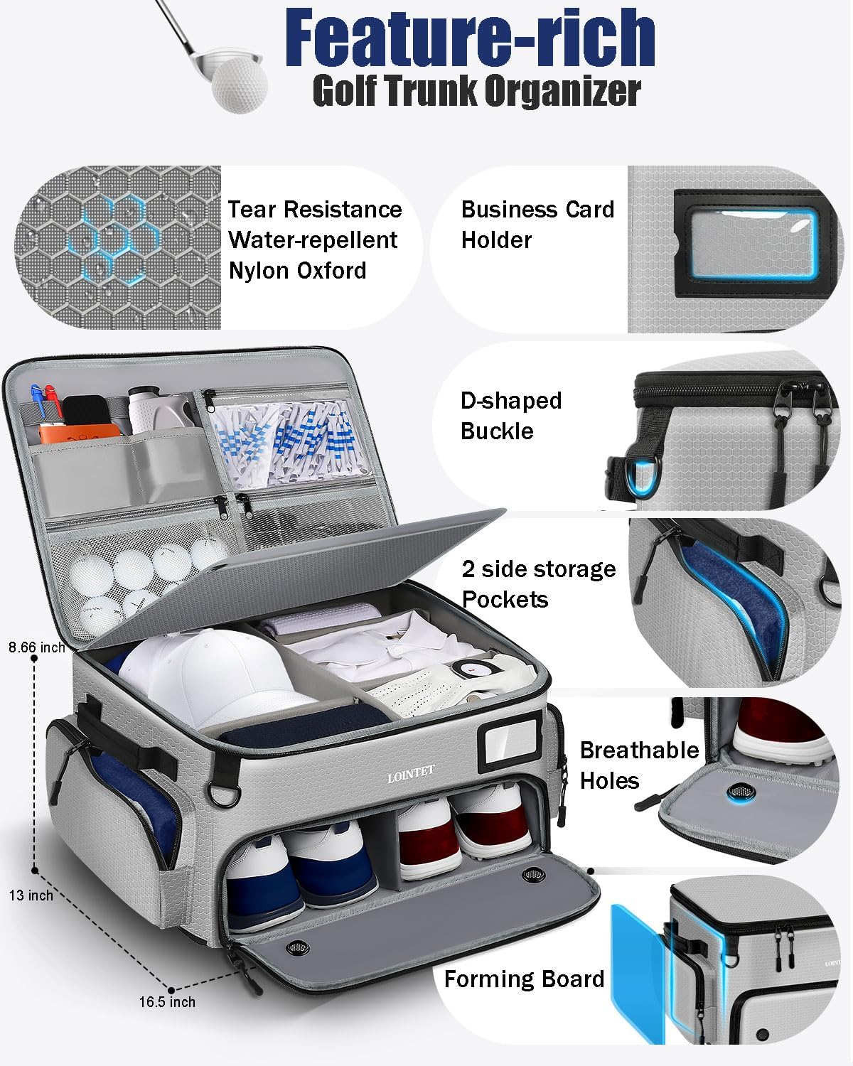 Golf Trunk Organizer, Waterproof Car Golf Locker with Separate Ventilated Compartment for 2 Pair Shoes, Golf Storage for Balls, Tees, Cap, Clothes, Gloves, Accessories, Gifts for Men, Women