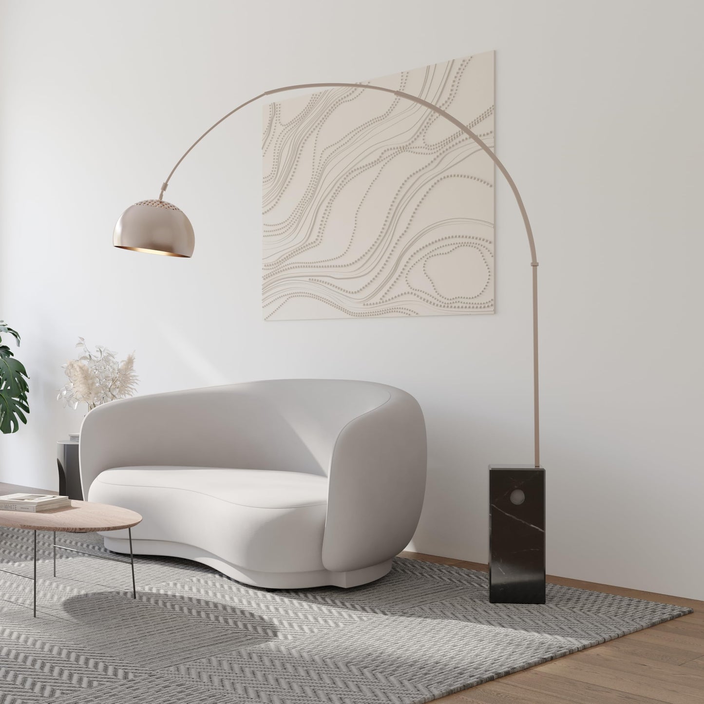 LeisureMod Floor Lamp with Marble Base, Brushed Stainless Steel, 96inH, Black, Model AL22W