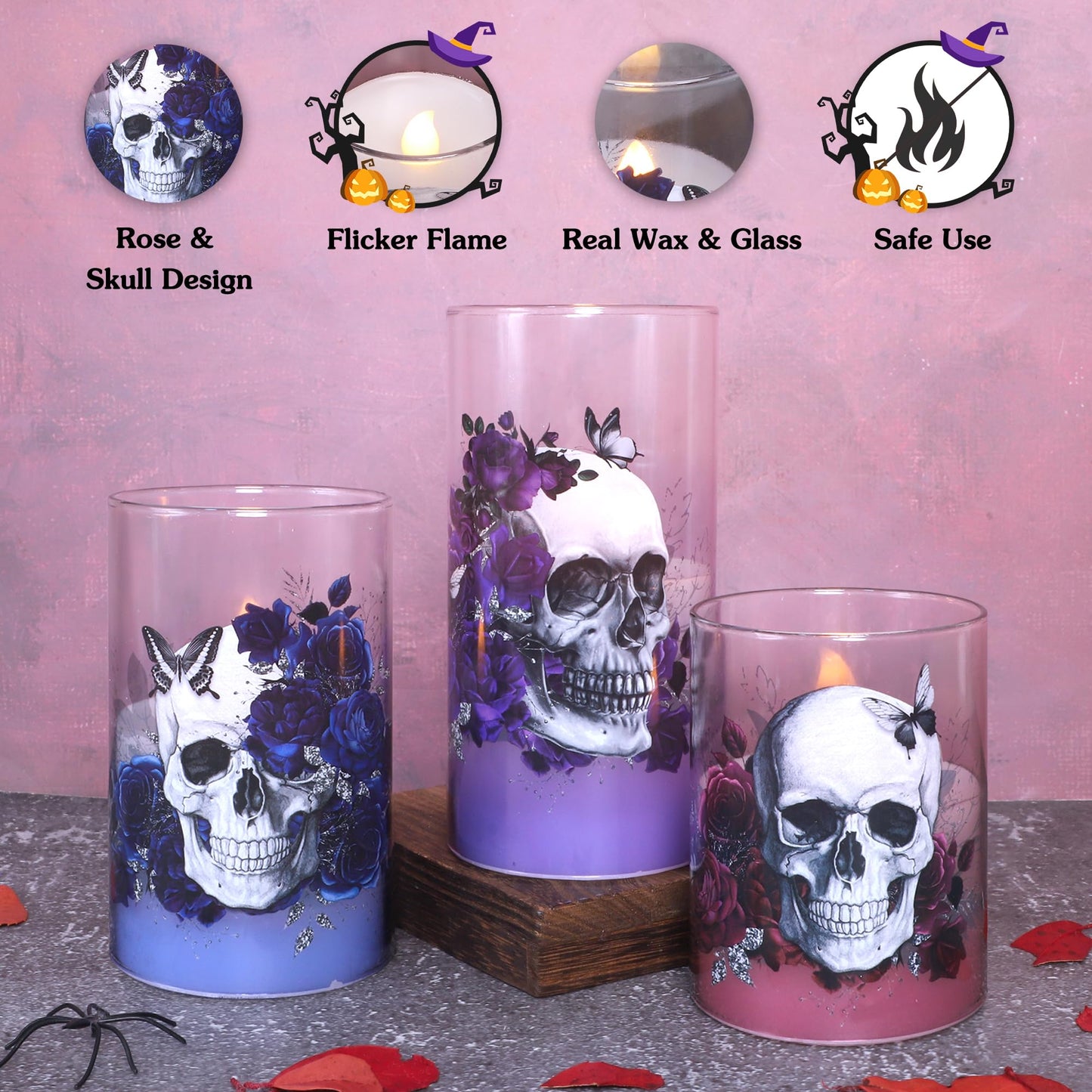 Immeiscent Halloween Glass Flameless Candles Romantic Gothic Skull Floral Battery Operated Remote Timer Flickering LED Pillar Candle for Wedding Party Goth Bathroom Decor