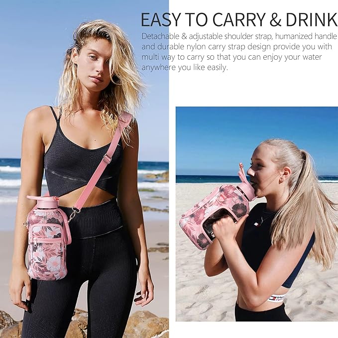 Fimibuke Half Gallon Water Bottle with Sleeve 64 OZ Water Bottle with Handle & Straw Leakproof Motivational Sports Gym Water Bottle with Time Marker BPA Free Water Jug with Reusable Neoprene Holder