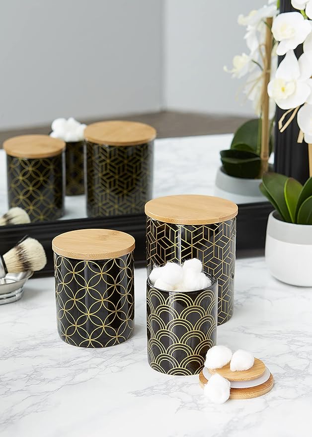 DII Kitchen Ceramics Collection, Canister Set, Mixed Print, Black/Gold, 3 Piece