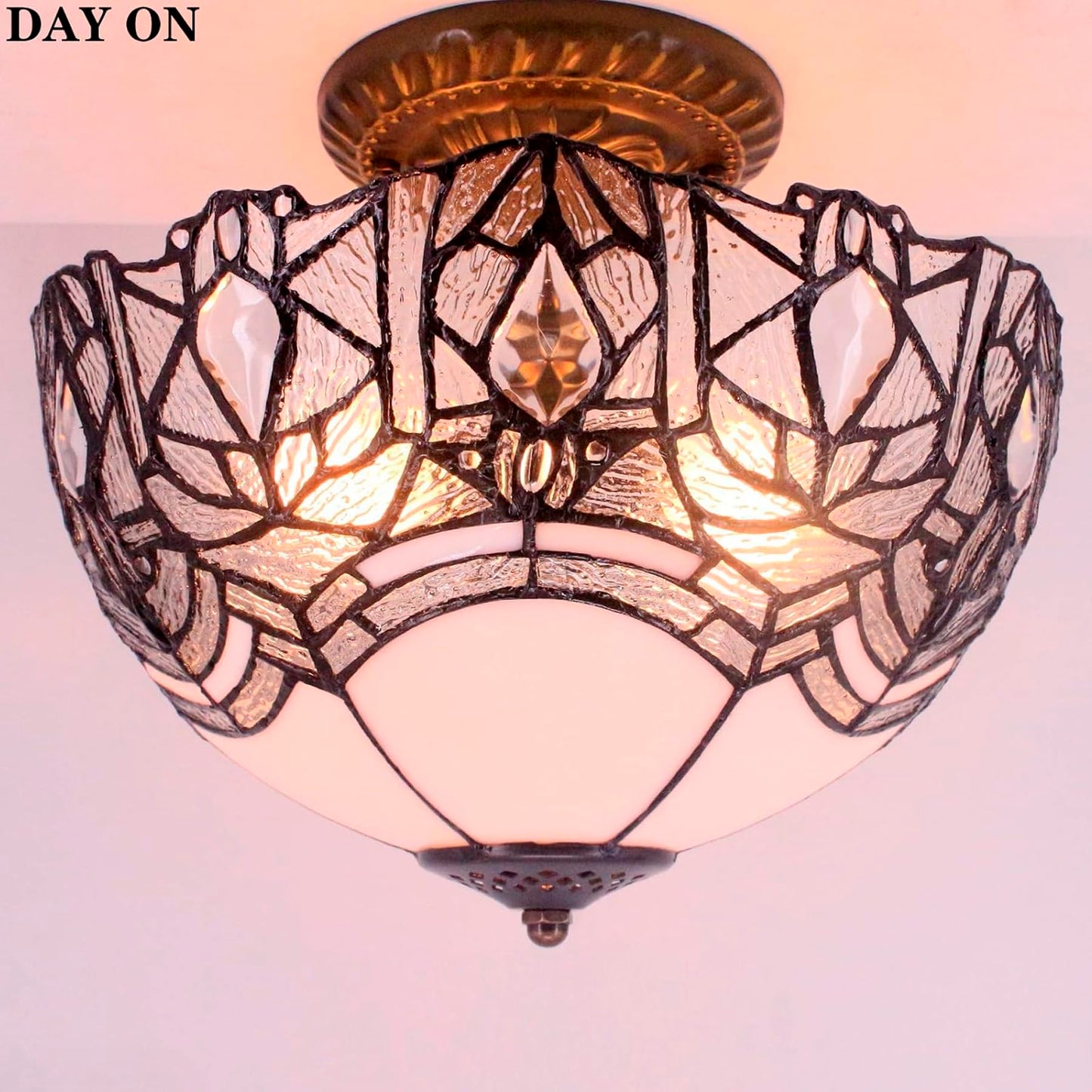 Werfactory Tiffany Ceiling Light Fixture, Crystal Bead, 12X11 Inch, White Stained Glass, Semi Flush Mount, S508W Series