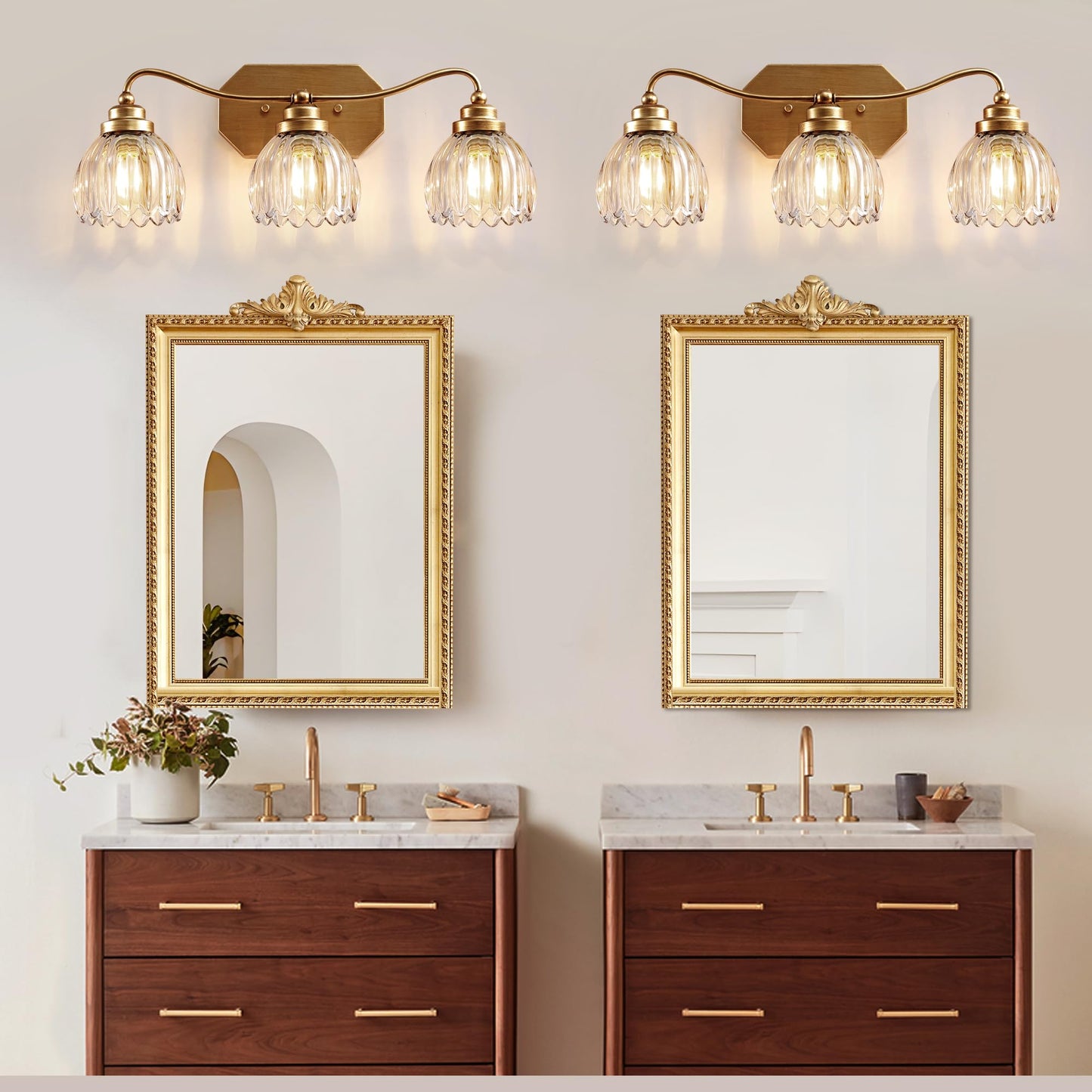 Cmnvmn Vintage Bathroom Light Fixtures  Gold Bathroom Vanity Light  Matte Antique Brass Finish With Crystal Glass Shade  Wall Sconces Lighting For Bedroom  Living Room  Hallway (Gold  3-Light)