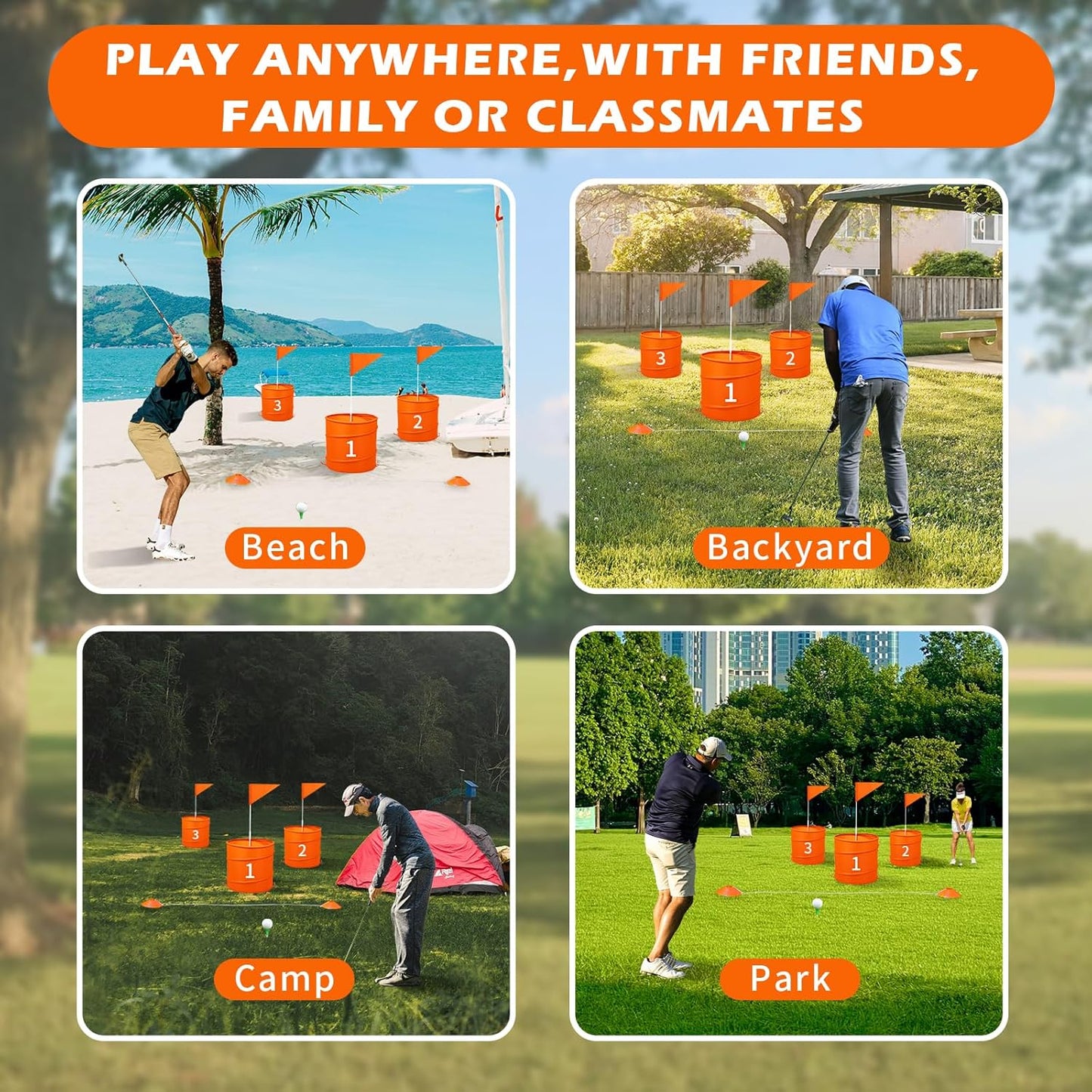 Orange 3PCS Backyard Golf Game, Set with:3Pop-Up Holes + 3 Flags + 6 Tee Boxes + 3 Game Balls + 1 Carrying Bag + 3 Connecting Ropes + 1 Scoreboard + 2 Clubs + 3 Golf Balls + 1 Manual,Outdoor