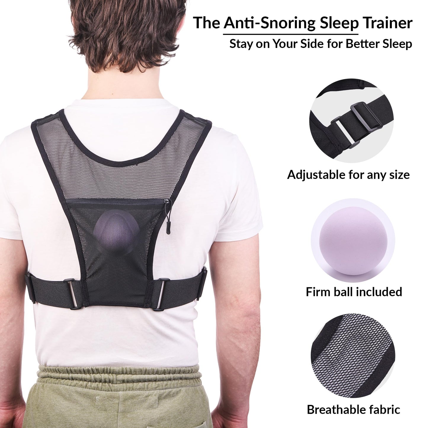 Anti Snoring Device | Positional Sleep Apnea Device | Side Sleep Trainer to Stop Snore | Includes Ball to Prevent Back Sleeping | Positional Therapy for Snoring Relief | Adjustable, Lightweight Vest