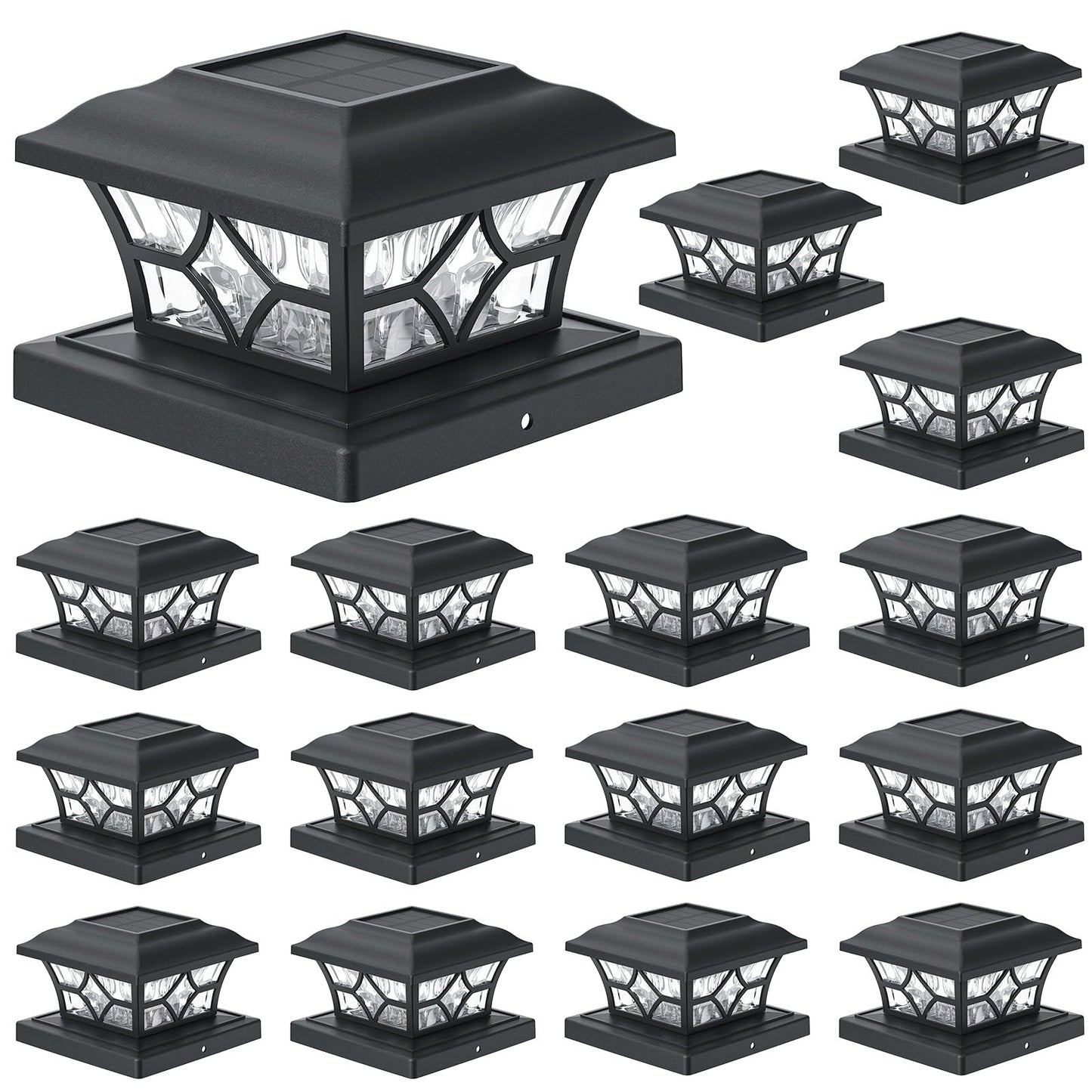 APONUO Solar Post Cap Lights - 16 Pack, 2-Mode, IP64 Waterproof, Black, for 4x4, 5x5, 6x6 Wood/Vin