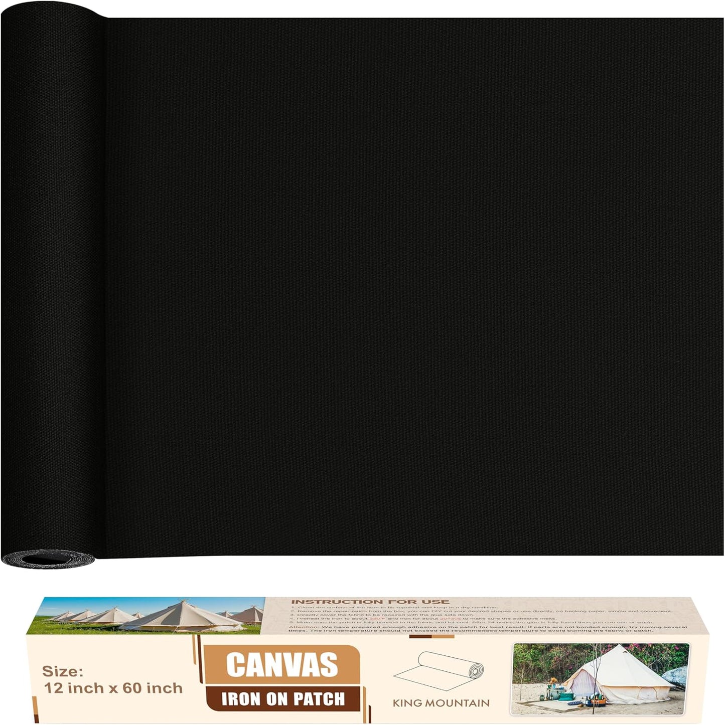 KING MOUNTAIN Canvas Iron on Patch,12"×60",Waterproof 100% Cotton Fabric Repair Patch,Used for Various Sofa,Tent,Clothes,Seats,Suitcases (Black,Waterproof)