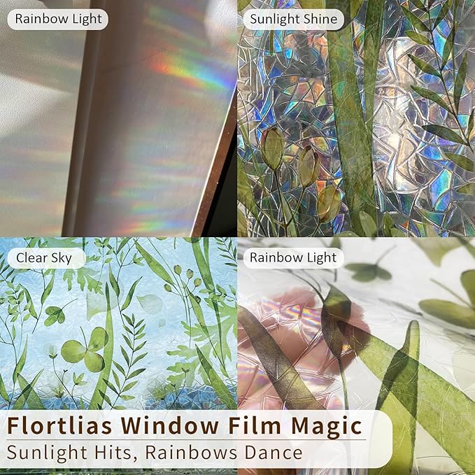 Rainbow Watercolor Green Leaves Window Film, Privacy Iridescent Static Cling Double-Sided Decals for Window Door Glass Decor, Herbs, 118.11" x 16.93"