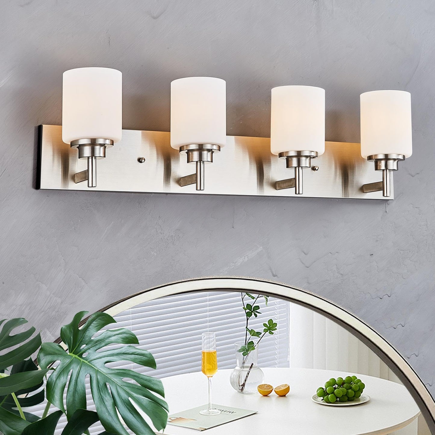 landskylite Bathroom Vanity Light Fixture, Brushed Nickel,32 4 Lights,Offset Mount, Modern Wall Sconce,White Glass & Large Backp