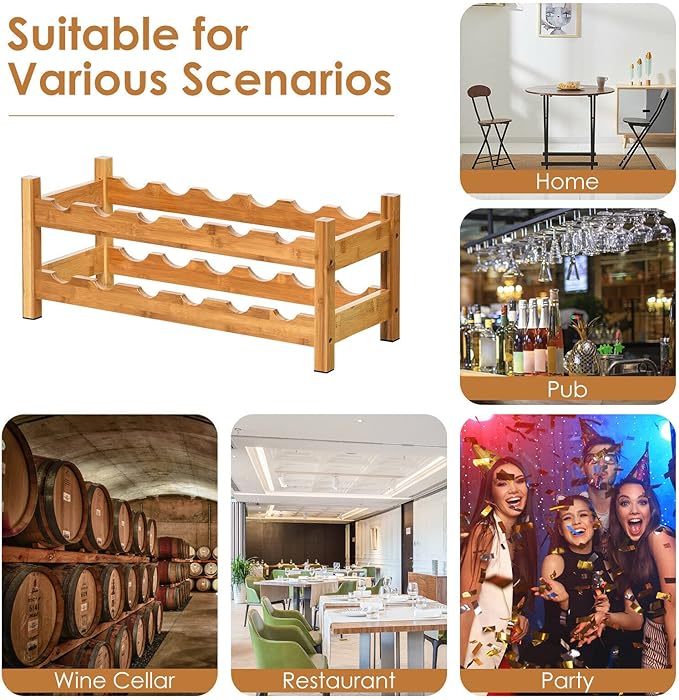 HAPPYGRILL Wine Rack, Free Standing 12 Bottles 2-Tier Wine Display Rack, Bamboo Wine Storage Rack Countertop, Natural Wine Bottle Holder Shelf for Bar, Home, Kitchen, Pantry