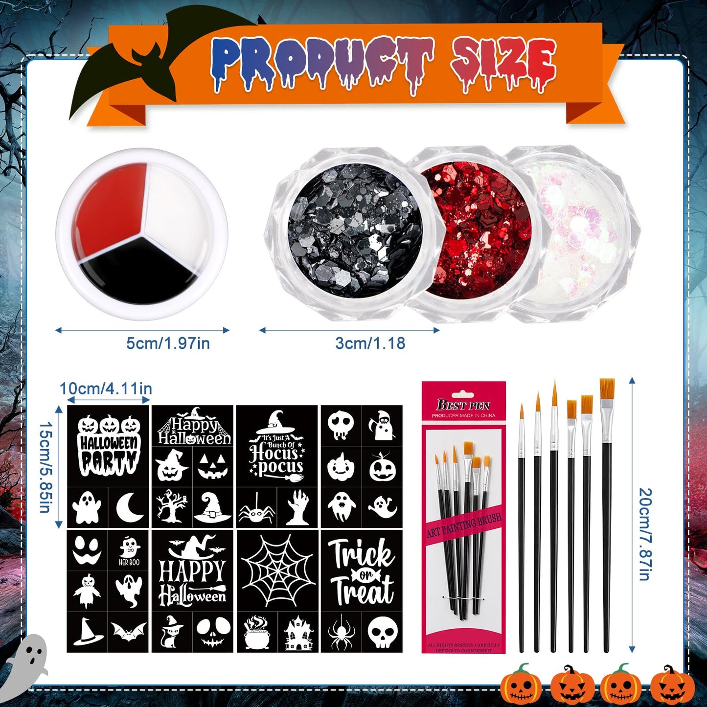 18 Pcs Halloween Face Paint Kit 3 Colors Red White Black Face Paint Kit with Glitter Stencil Makeup Brush for Halloween Cosplay