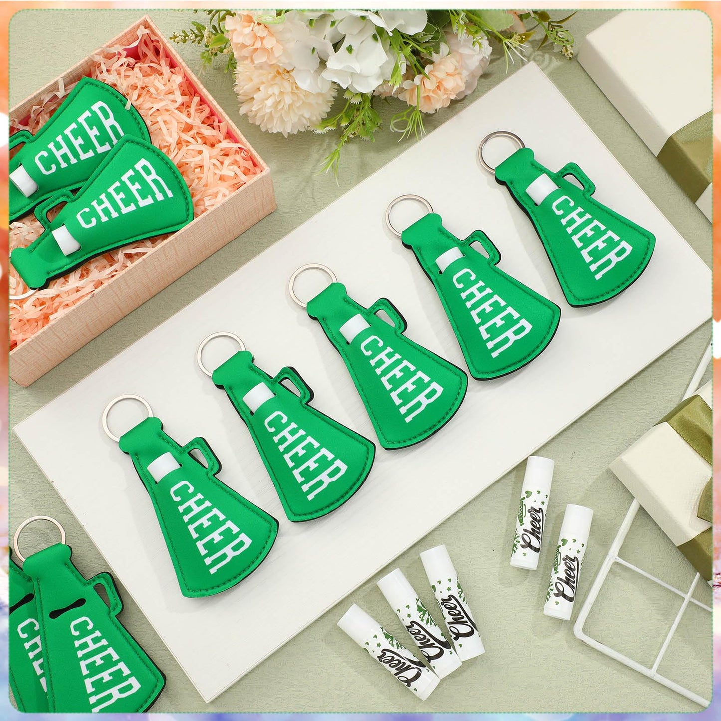 Swiffen 36 Pcs Cheerleading Gifts Bulk Cheer Team Gifts Lip Balm and Lipstick Holder Keychains Set Cheerleading Party Favors for