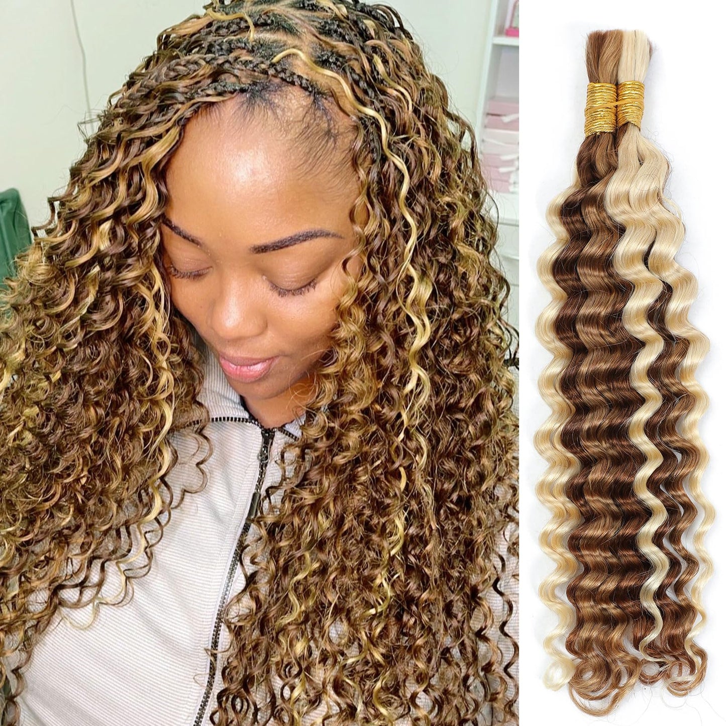 DSEKCAIN P27/30/613 Human Braiding Hair for Boho Braids Highlight Brown Blonde Deep Wave Bulk Human Hair for Braiding Crochet Cu