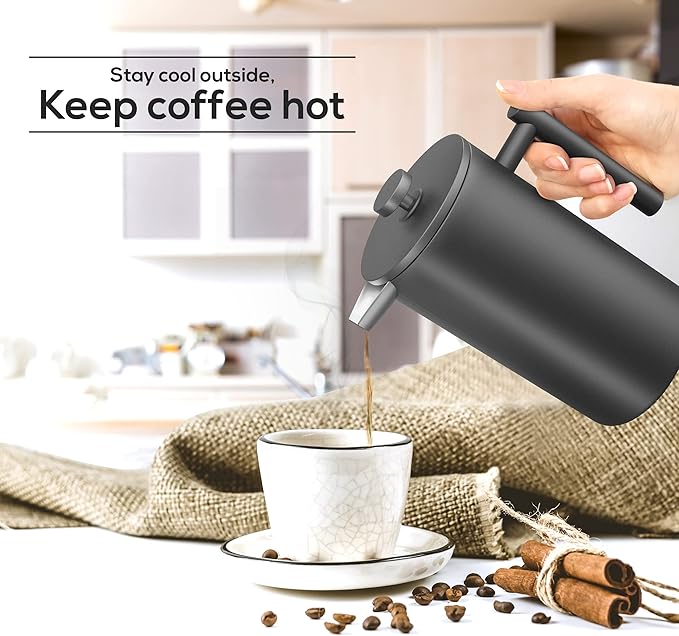 Utopia Kitchen Stainless Steel French Press Coffee Maker 50 Oz, French Press Tea Maker, Cold Brew Portable Travel Coffee Presses, Tea Press Gifts Black