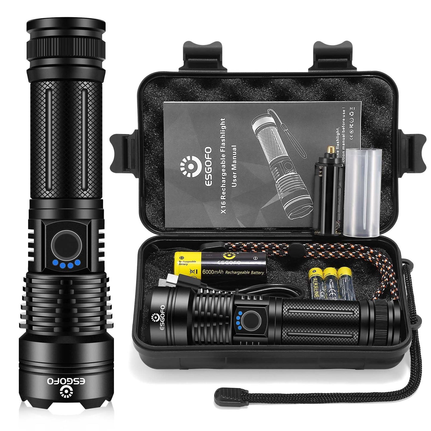 Esgofo X16 Tactical Flashlight - 20000 Lumens, Waterproof, Aluminum, Black, Rechargeable, Ideal For Hiking And Camping