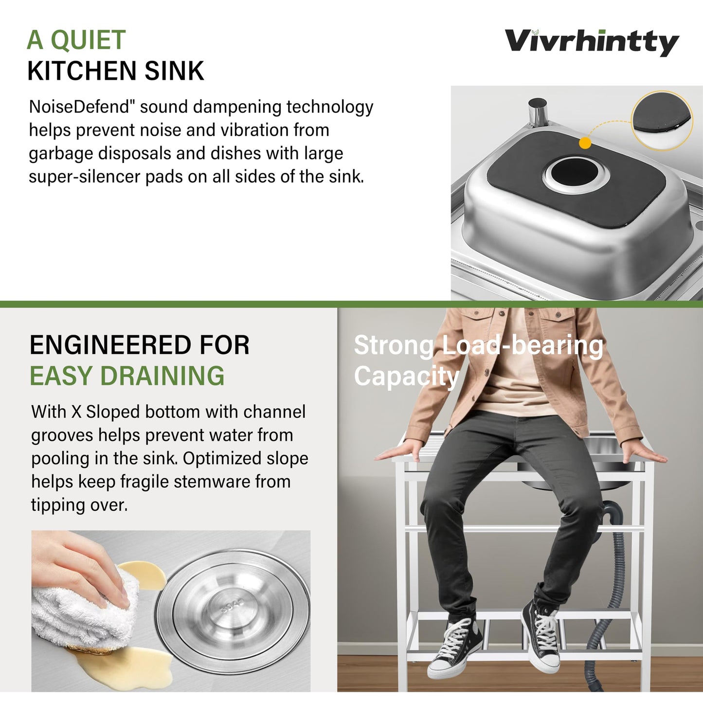 Vivrhintty Free Standing Kitchen Utility Sink with Workbench & Accessory Set, Stainless Steel Sink for Commercial, Outdoor,Garage, Laundry Room Use (29.52"D x 15.74"W x 29.52"H)