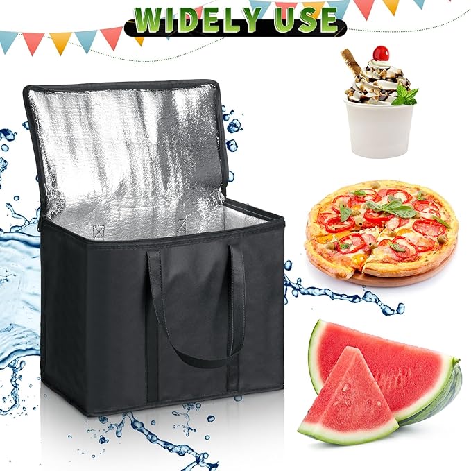 Kenning 8 Pcs Large Insulated Reusable Grocery Bags with Sturdy Zipper and Handles Foldable Washable Cooler Totes Heavy Duty Hot or Cold Food Delivery Bag for Food Transport Travel Lunch (Black)