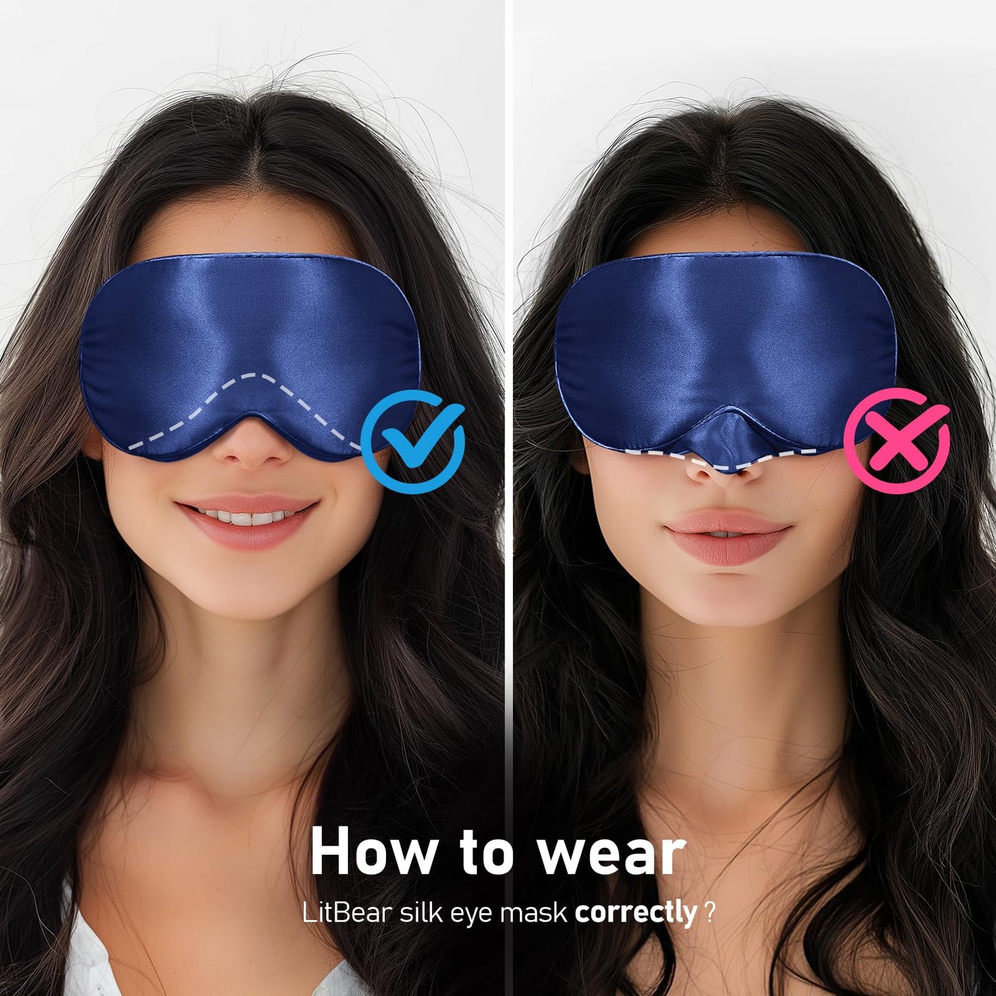 LitBear 100% 22 Momme Mulberry Silk Sleep Mask - 3D Contoured Eye Mask for Men Women, Soft Breathable Sleeping Mask with Adjustable Strap, Perfect Blocks Light for Sleeping (Midnight Blue)