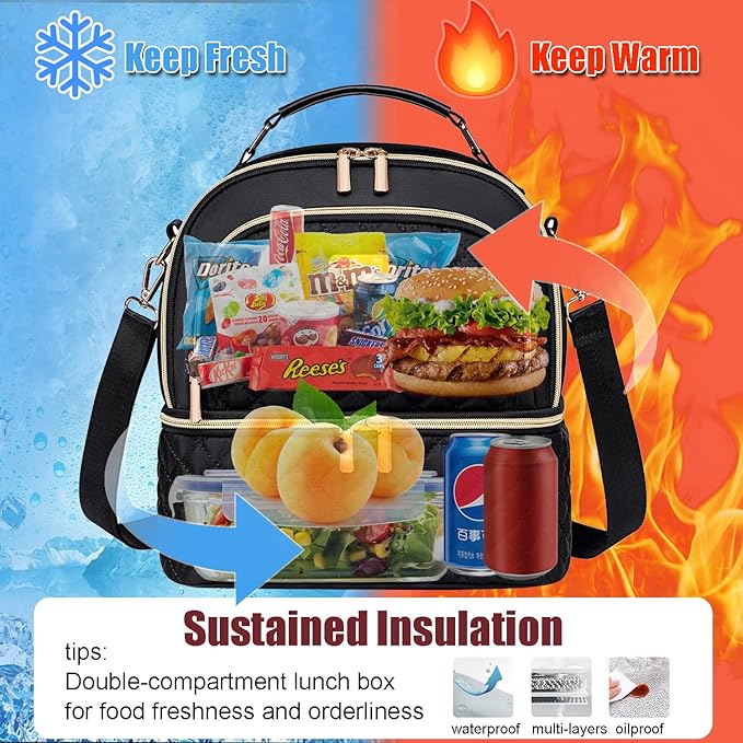 Lunch Bag for Women,Double Decker Lunch Box for Womens, Insulated Lunchbag Leakproof Lunch Tote Lunch Cooler Bag for Women Men,Lunchbox with Adjustable Strap for Work Picnic Beach