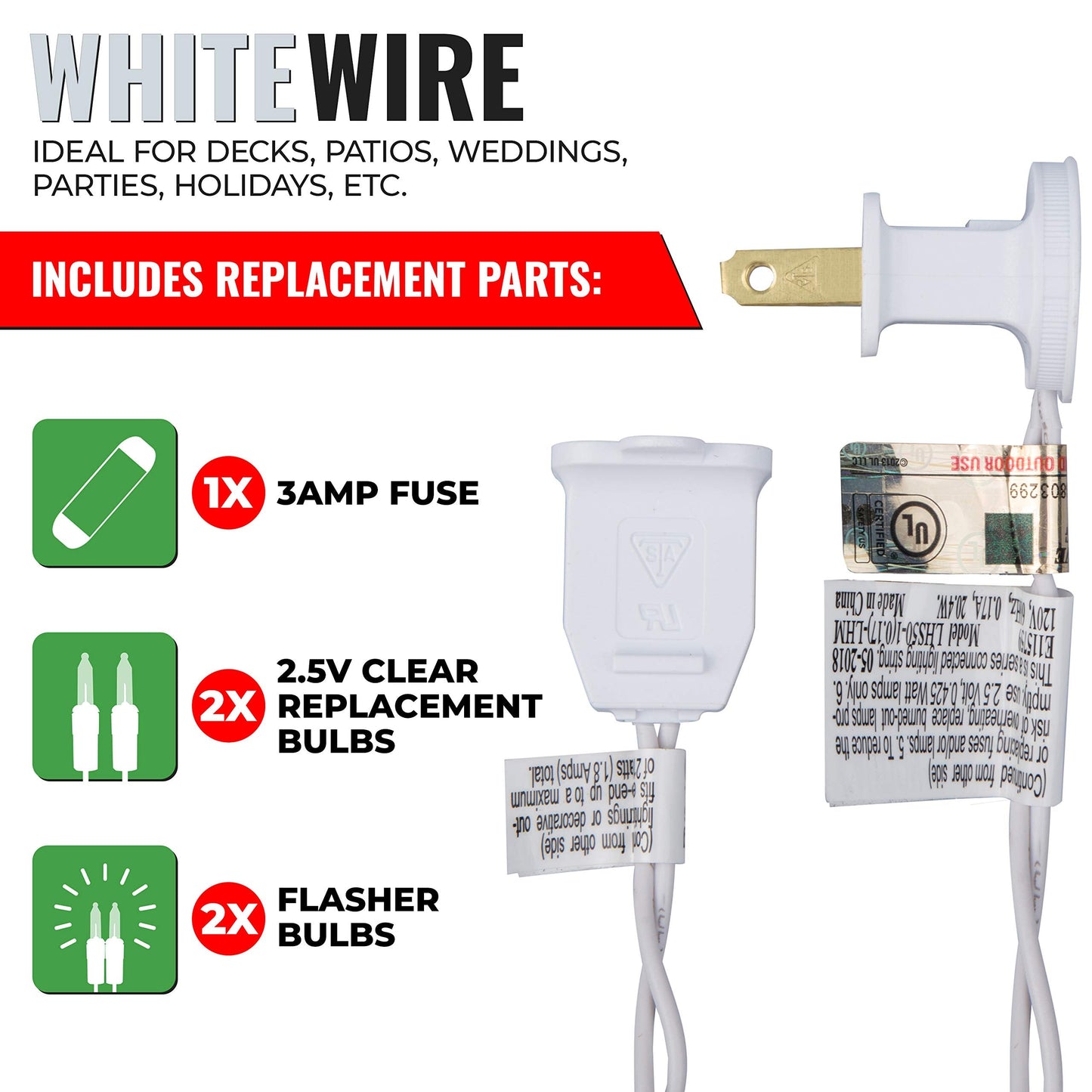 612 Vermont Christmas Lights, 100 Clear Lights on White Wire, UL Approved, 18ft Lighted Length, Indoor/Outdoor Use
