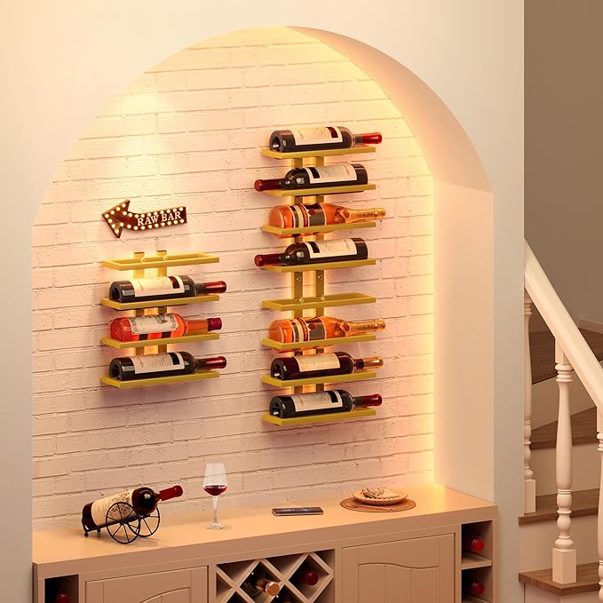 Hoctieon 3-Set 8 Tier Wall Mount Wine Rack (24 Tiers), Wall Racks for Wine Bottles Display and Storage, Hanging Bottle Organizer for Living Room, Dining Room, Wine Cellar, Bar, Gold