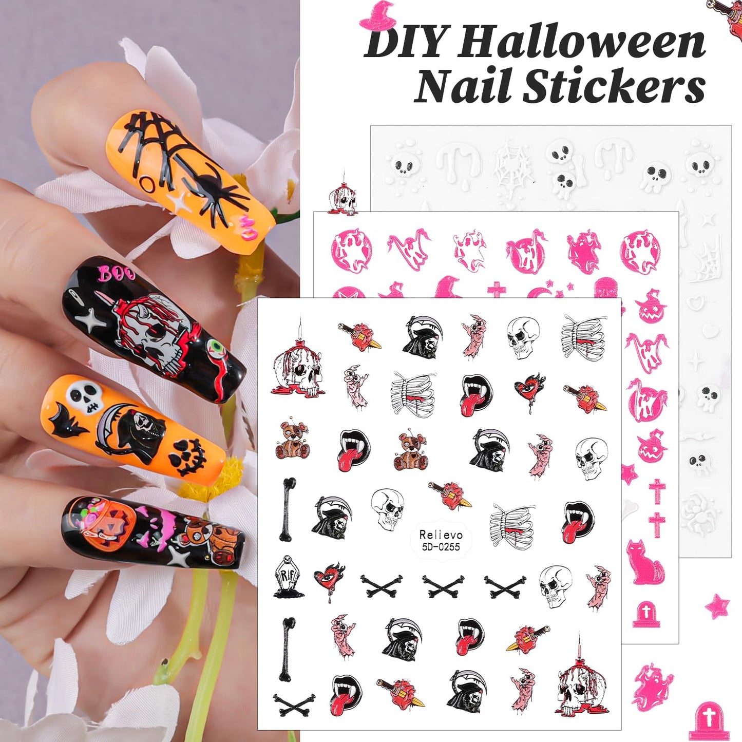 9 Sheets Halloween Nail Art Stickers 5D Embossed Nail Decals Ghost Pumpkin Bat Cat Skull Spider Web Gothic Nail Supplies for Wom
