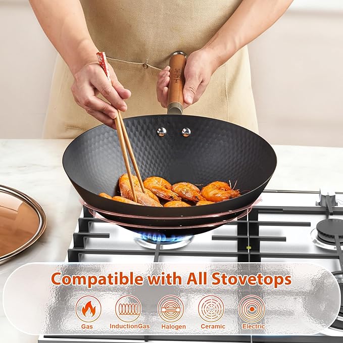 WANGYUANJI 12.6 Inch Carbon Steel Wok with Lid, Flat Bottom Uncoated Lightweight Wok Pan with Wooden Handle for Stir-Fry, Gas, Electric and Induction