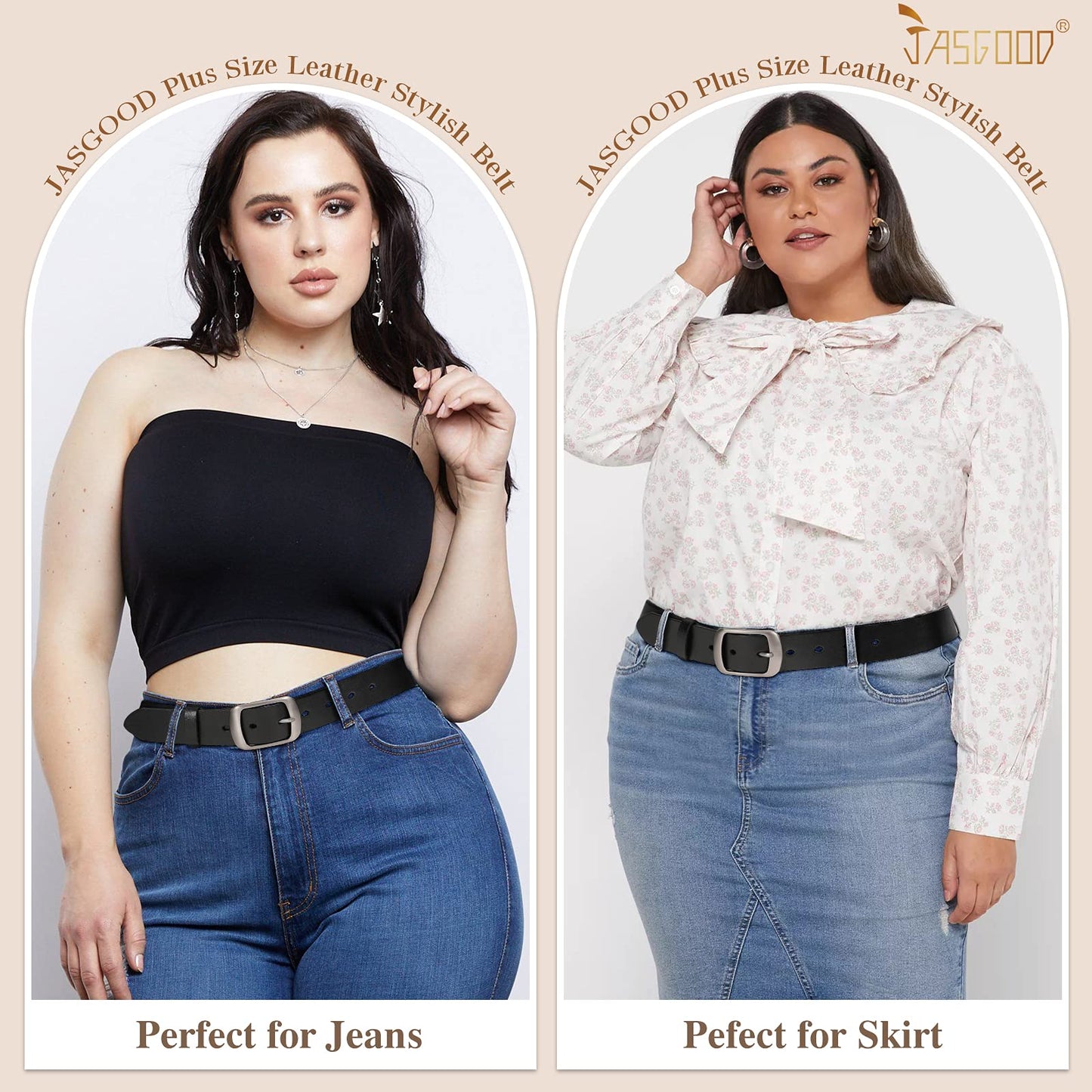 JASGOOD Plus Size Women Leather Belt Black Casual Waist Belt for Jeans Pants with Metal Pin Buckle(Black,Fit Waist Size 48''-52'')