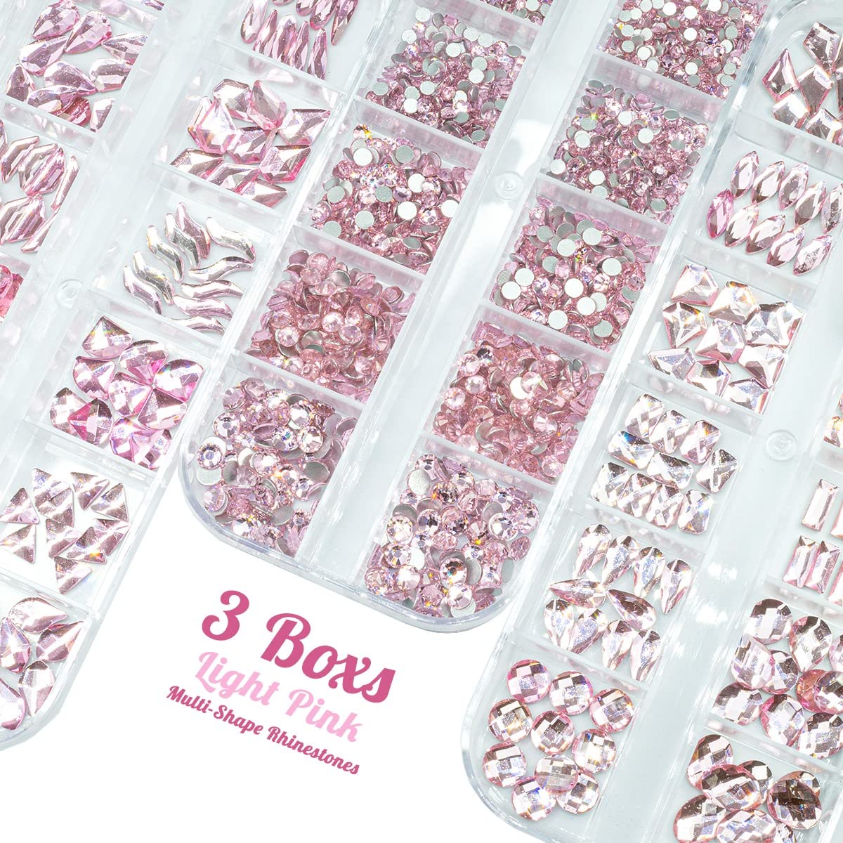 qiipii 3 Boxes Light Pink Nail Rhinestones 240 Multi-Shapes Flatback Big Gems Round Beads K9 Glass Stones Diamonds Jewels Nail A