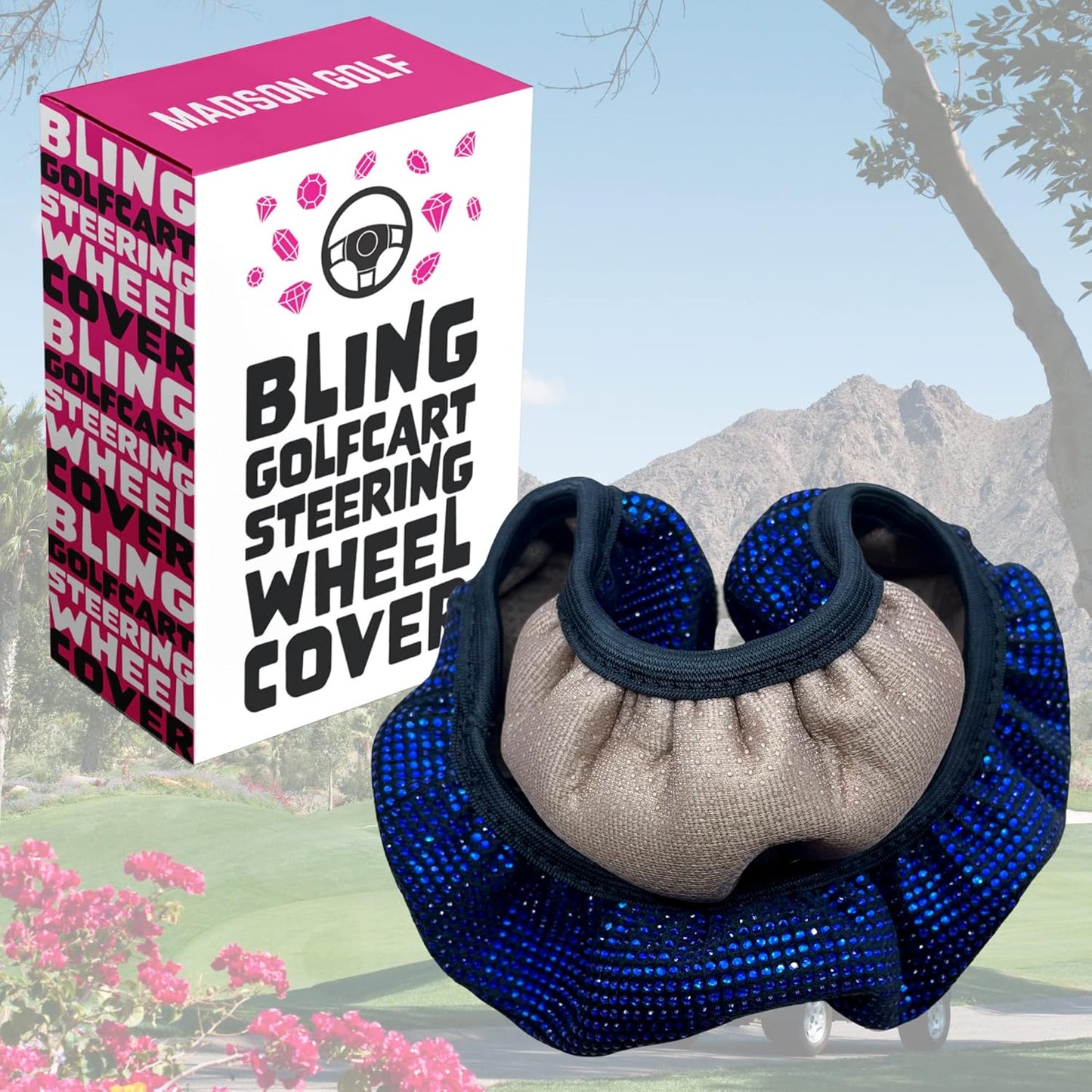 Universal Colorful Bling Crystal Diamond Rhinestones Golf Cart Steering Wheel Cover fits Club Car, Yahama, EZGO, Anti Slip Cover Easy to Install, Great Gifts for Golfer Women Womens (Blue Diamond)
