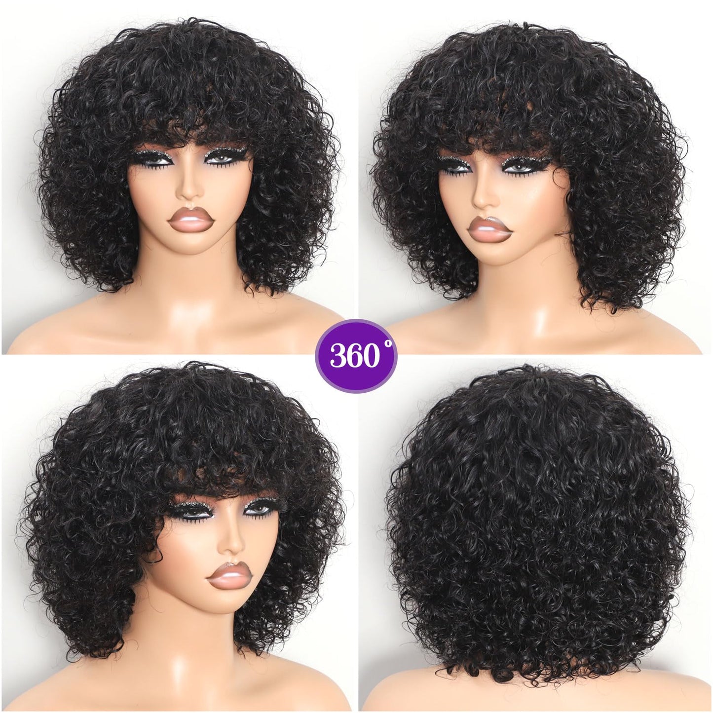 REMESSE Short Curly Wig With Bangs Human Hair Curly Human Hair Wig With Bangs For Women Glueless 250% Density Water Wave Human H
