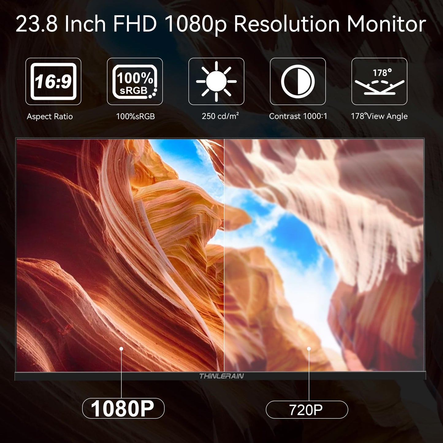 Thinlerain 23.8 inch Computer Monitor 1920x1080 Vertical PC Monitor with HDMI VGA AV BNC USB Ports, Multi-Function Stand, VESA, Display Frameless Build-in Speakers for Office Home