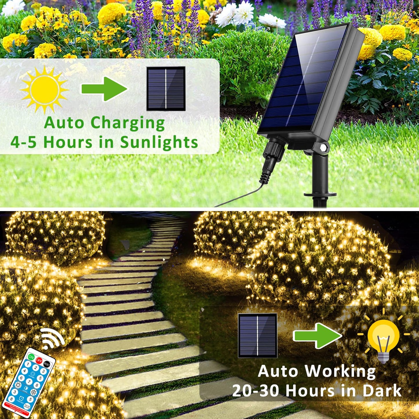 HEYCOLOR Solar Net Lights, 360 LED Warm White, Waterproof, 21ft x 5ft, Green Wire, Remote Control, Model LR-(1-1000) L-SL01