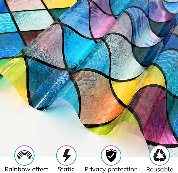 QHY Sunshine Colorful Rainbow Stained Glass Window Film Non-Adhesive Window Privacy Film Reusable Decorative for Room (Chequered Rainbow, 35.4 X 157.4 in)