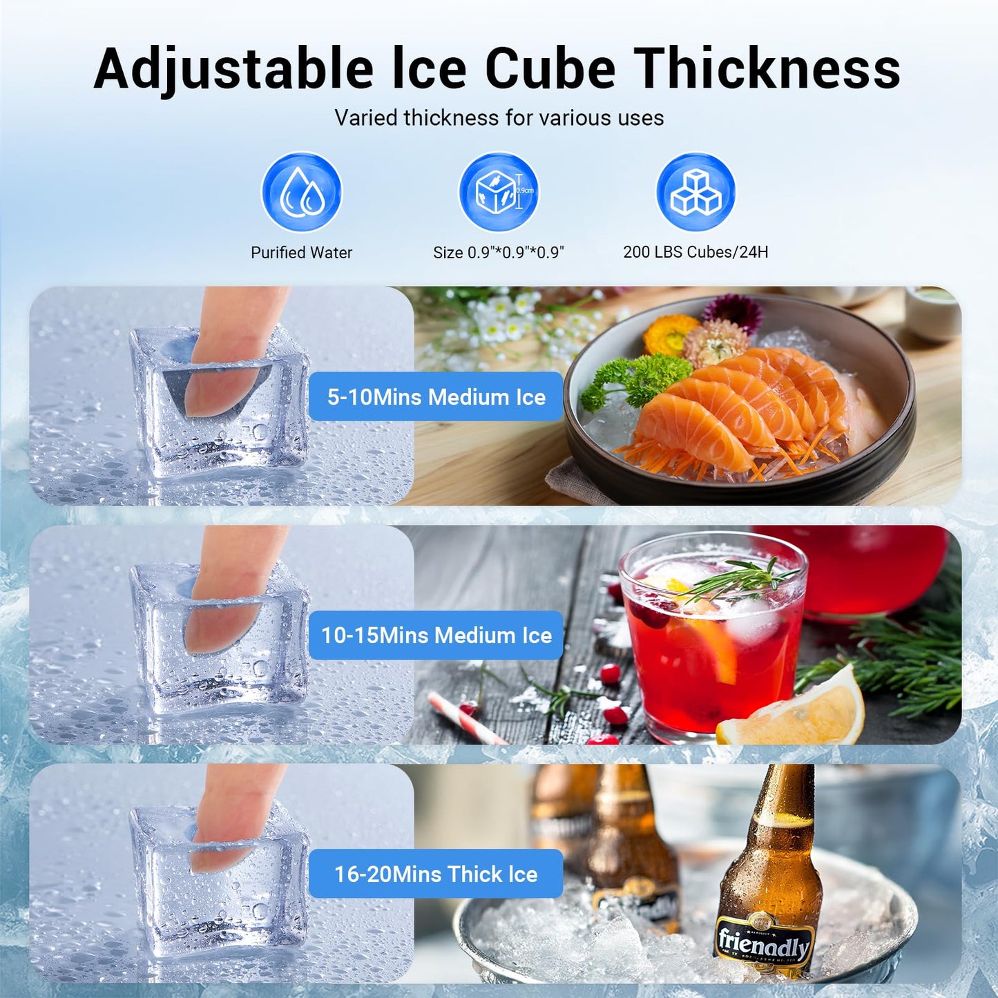 Commercial Ice Maker Machine, 200lbs/Day Under Counter Ice Machine with 50 Lbs Storage Bin, 55 Ice Cubes in 8-12 Mins Free Standing Ice Maker for Home/Bar/Restaurant/Outdoor