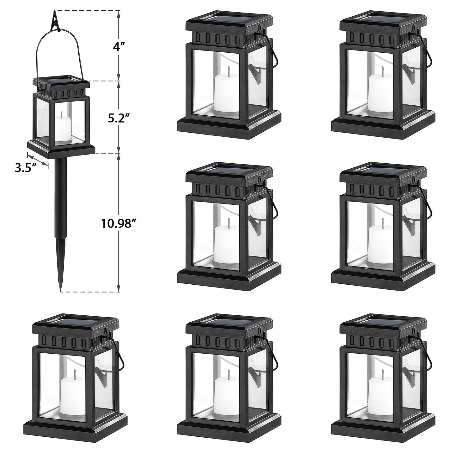 Solpex Solar Lanterns Outdoor - 8 Pack Led Hanging Lights, Waterproof, Candle Effect, Black, 3.5X3.5X16.2, Model 8374-X