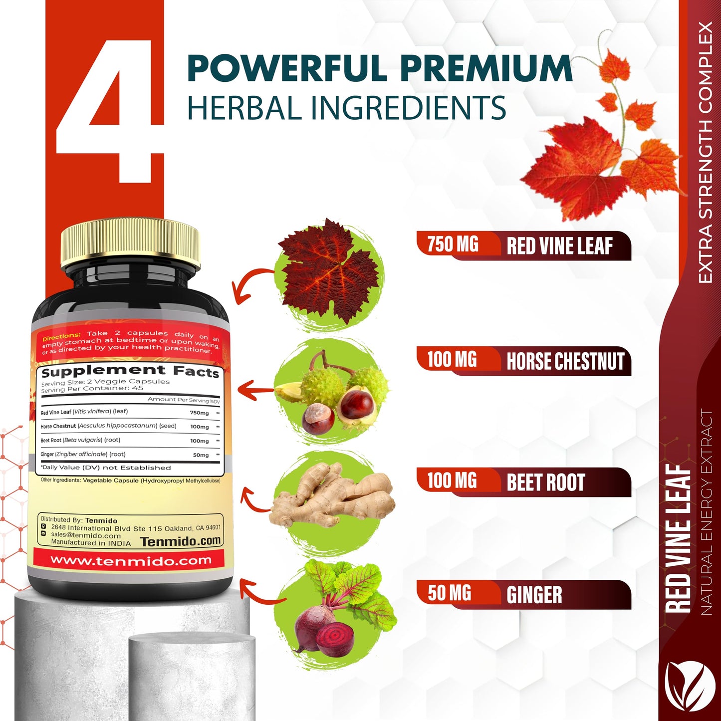 Tenmido Red Vine Leaf Extract Capsules - with Horse Chestnut, Beet Root, Ginger - Herbal Supplement for Heart, Leg Vein & Energy - 90 Vegan Capsules for 45 Days